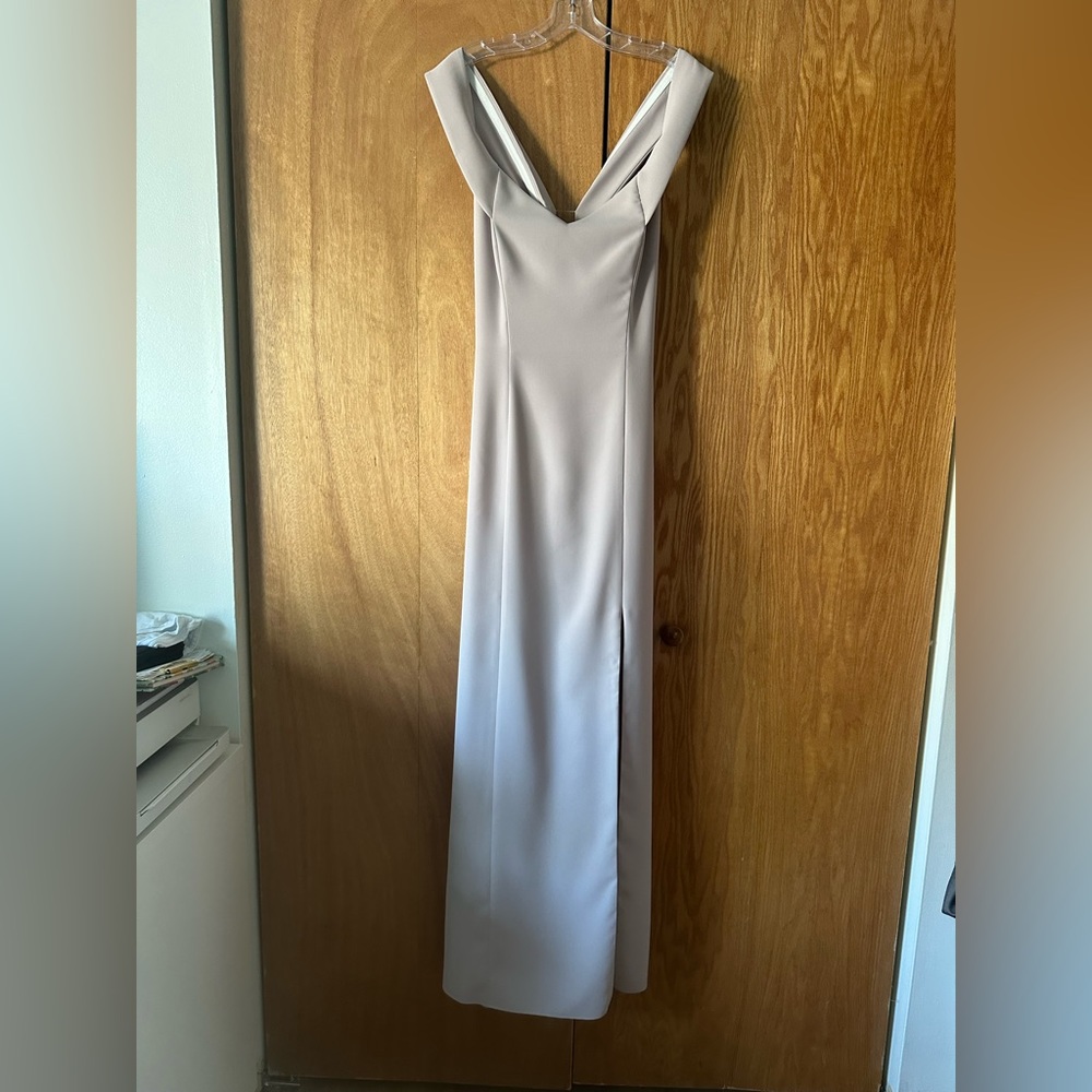 Bridesmaid Dessy Collection Style3012 Off the Shoulder Criss Cross Gown Taupe
